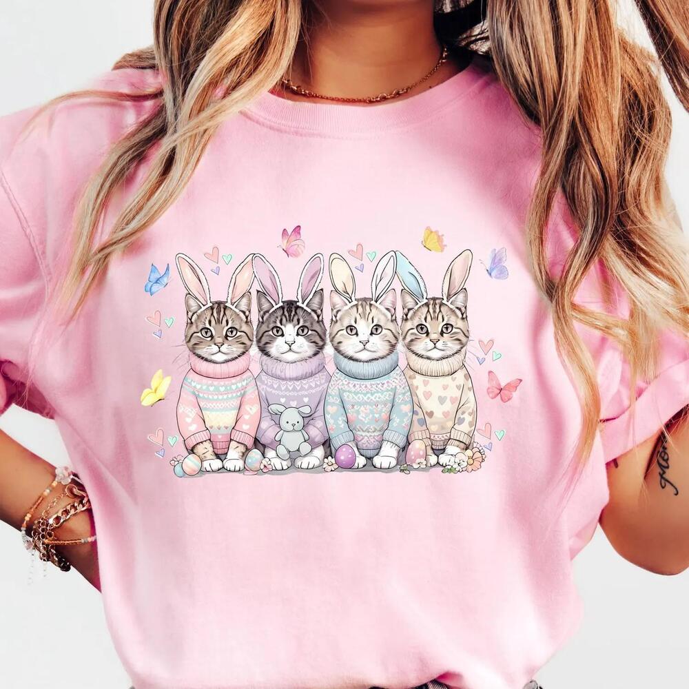 Cute Cat Easter T-Shirt, Bunny Ear Cats , Egg Hunter Cats Shirt